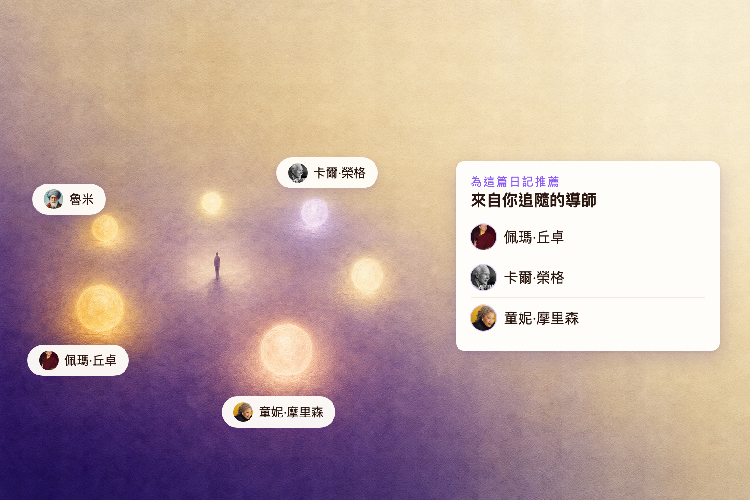 一個人站在一圈溫暖光點的中央，每一個光點都是他親自選擇追隨的導師