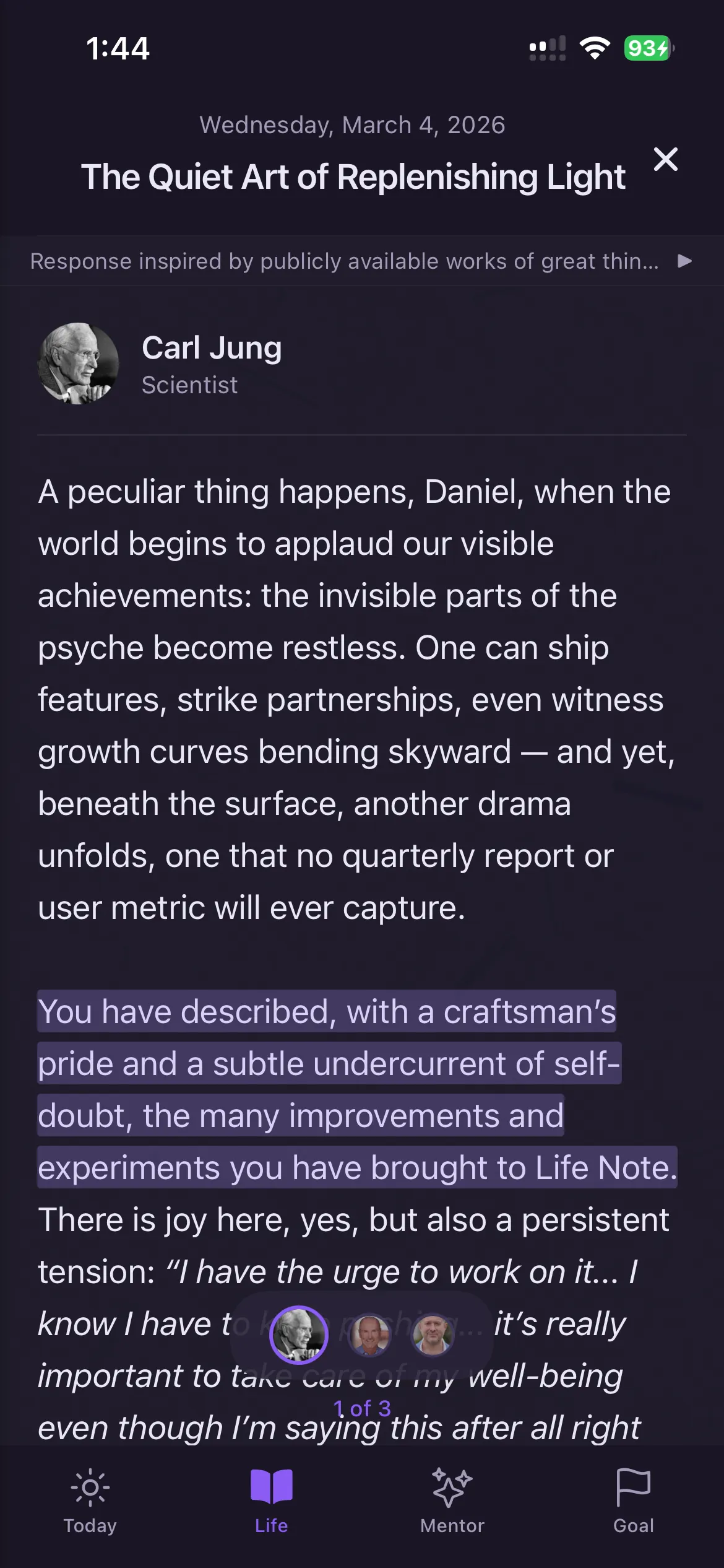 Life Note AI mentor response — Carl Jung guiding a journal reflection