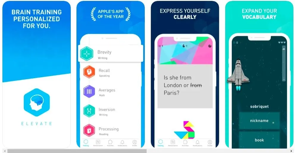 Elevate brain training app interface