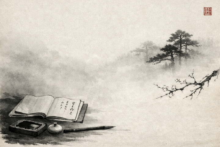 Japanese ink wash painting in Hasegawa Tohaku tradition: scholar's writing desk with ink stone, brush, and accordion-fold paper book amid drifting mist and distant pines.