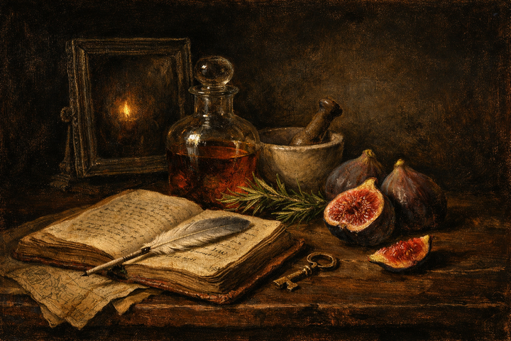 Dutch Golden Age oil still life: open book, brass key, apothecary bottle, figs, rosemary on dark table — symbolizing the art of mental health care.