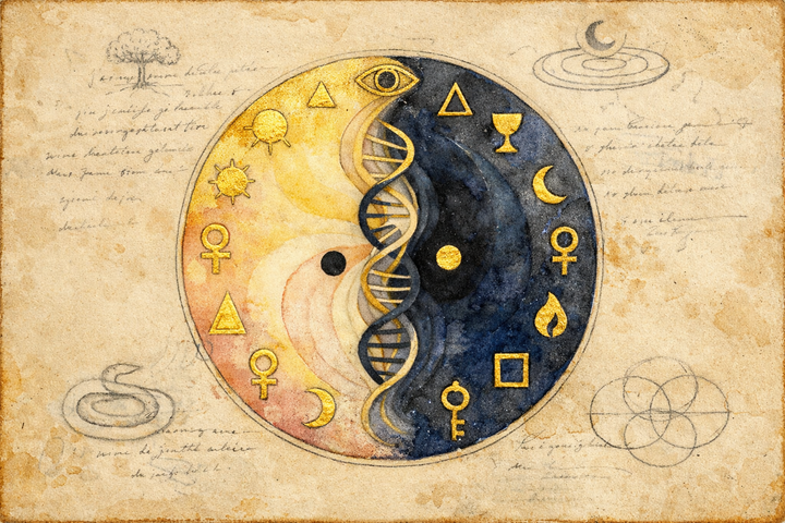 Hilma af Klint-style watercolor mandala: a circle split into golden light and indigo shadow, spiraling into each other — representing the integration of opposites in shadow work.