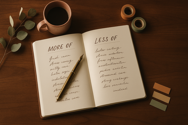 Open journal spread on a warm wooden desk showing a handwritten "more of / less of" layout — the artifact of identity-shift work