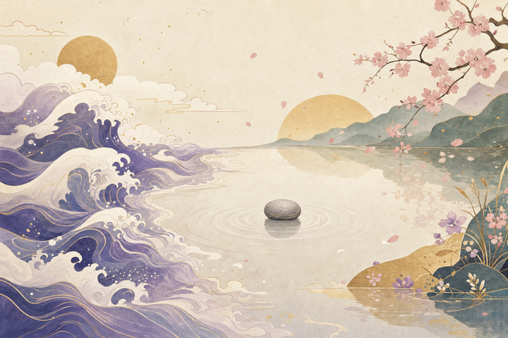 Soft Japanese-watercolor editorial illustration symbolizing anxiety journaling prompts break rumination loop