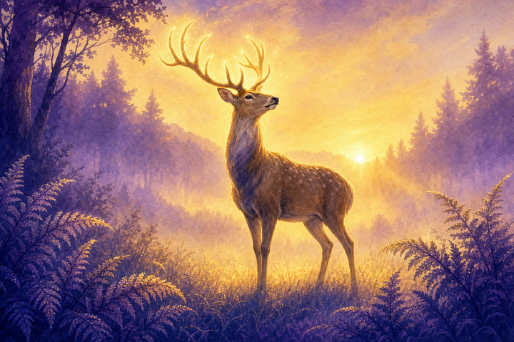 Soft Japanese-watercolor editorial illustration symbolizing deer spiritual meaning