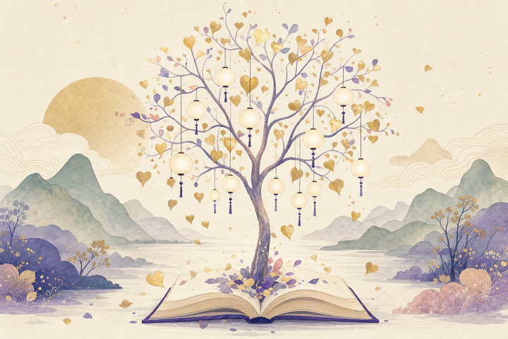 Soft Japanese-watercolor editorial illustration symbolizing gratitude journal prompts