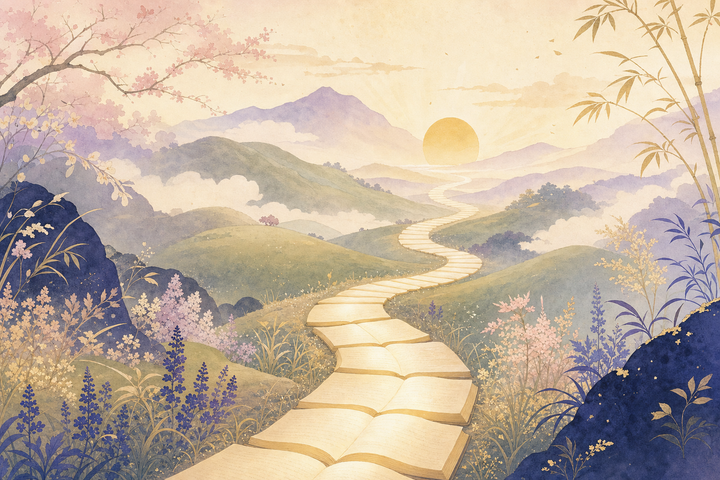 Soft Japanese-watercolor editorial illustration symbolizing how to start journaling 2026