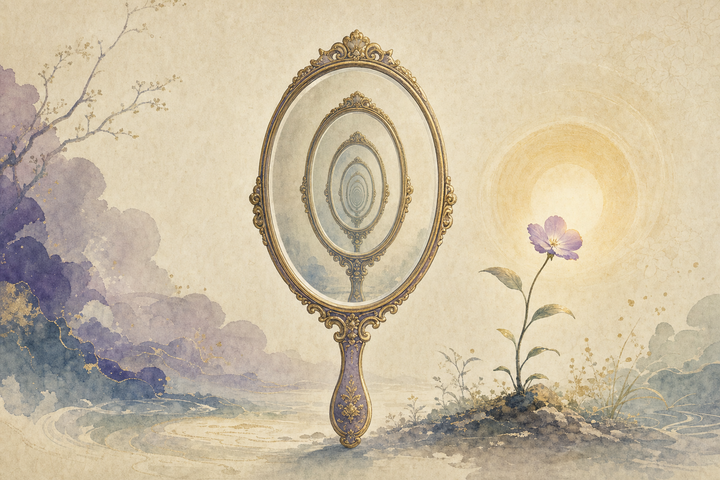 Soft Japanese-watercolor editorial illustration symbolizing narcissist test