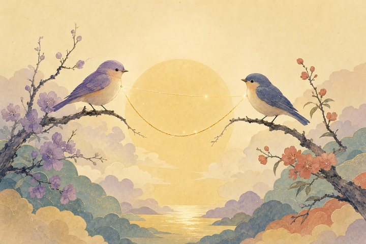 Soft Japanese-watercolor editorial illustration symbolizing attachment style compatibility