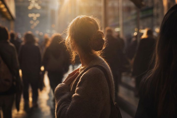 A sensitive person in a softly blurred crowd, hand to heart in warm evening light — empath test