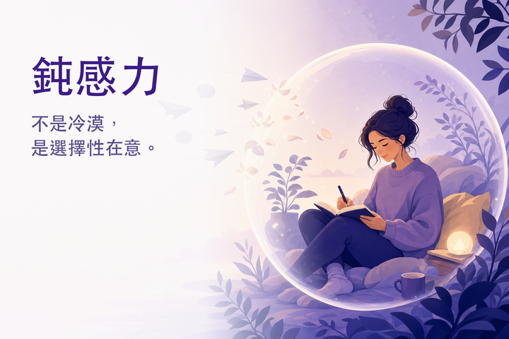 溫暖的插畫：在柔光泡泡裡安靜書寫的人，外來的紙箭化成花瓣滑落 — 培養鈍感力