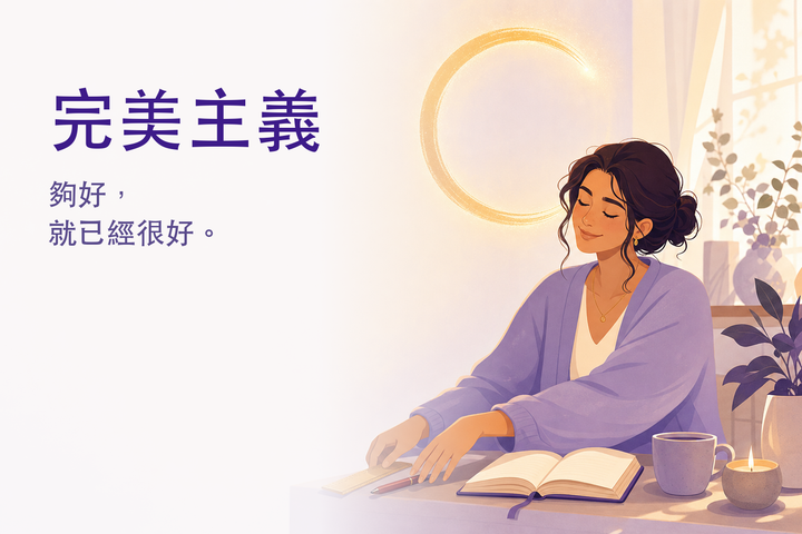 溫暖的插畫：放下尺與紅筆的人，身旁一個接近完成、缺口透著金光的圓 — 放下完美主義