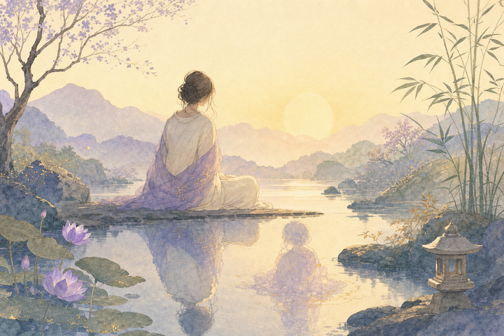 Soft Japanese-watercolor editorial illustration symbolizing self awareness test