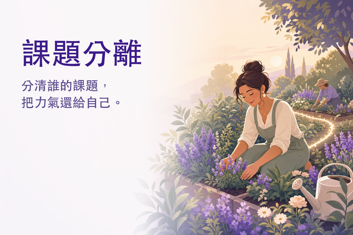 溫暖的插畫：兩塊相鄰花圃間一條柔和光線，各自照顧自己的課題 — 阿德勒課題分離