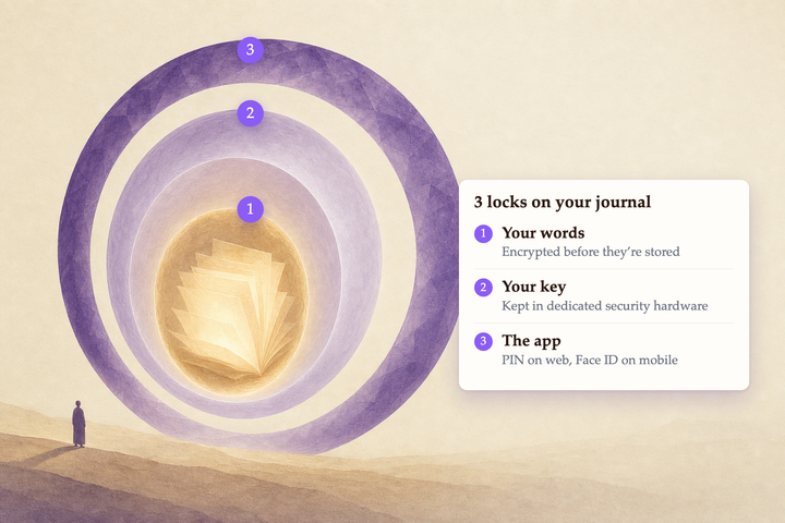 The journal held behind three locks: encryption, then the key in dedicated hardware, then the app lock