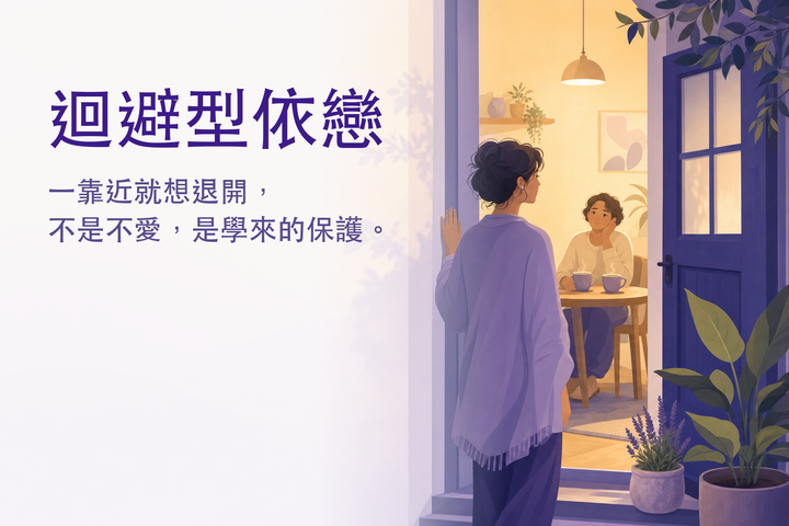 溫暖插畫：一個人站在敞開的門邊，望向亮著燈的房間 — 迴避型依戀（逃避型依附）