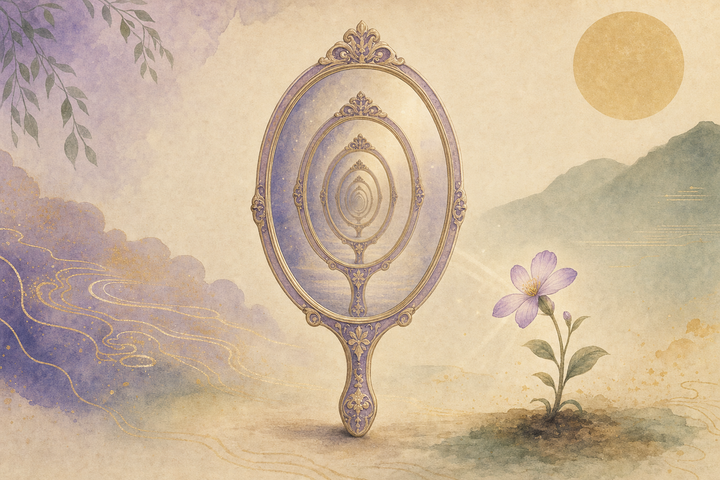 Soft Japanese-watercolor editorial illustration symbolizing narzisst test