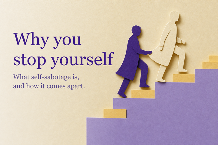 Layered paper-cut illustration: an indigo paper figure holds the coat of an identical cream figure climbing a staircase. Self-sabotage.
