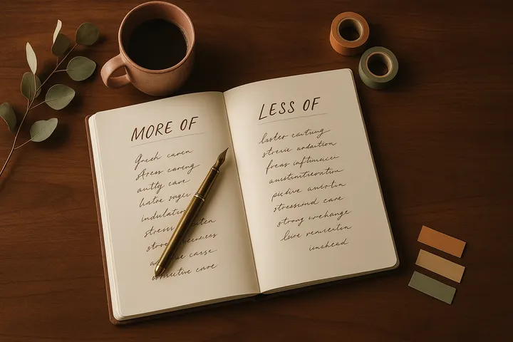 Open journal spread on a warm wooden desk showing a handwritten "more of / less of" layout — the artifact of identity-shift work