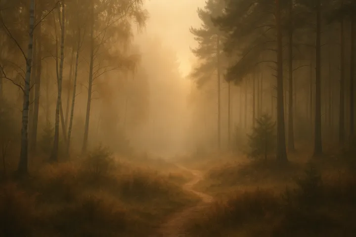 Warm golden dawn light filtering through misty forest — visual metaphor for shadow work moving from inner darkness toward integration