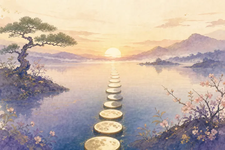 Soft Japanese-watercolor editorial illustration symbolizing 4 laws of behavior change build habits
