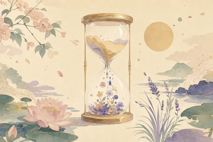 Soft Japanese-watercolor editorial illustration symbolizing 5 minute journaling