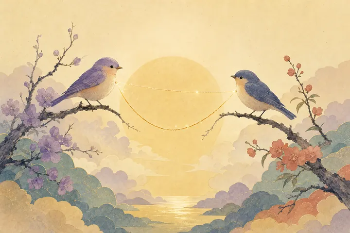 Soft Japanese-watercolor editorial illustration symbolizing attachment style compatibility