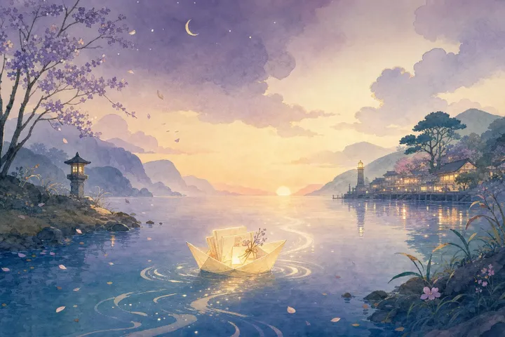 A glowing paper boat carrying letters across calm water from a dimming shore toward a warmly lit harbor
