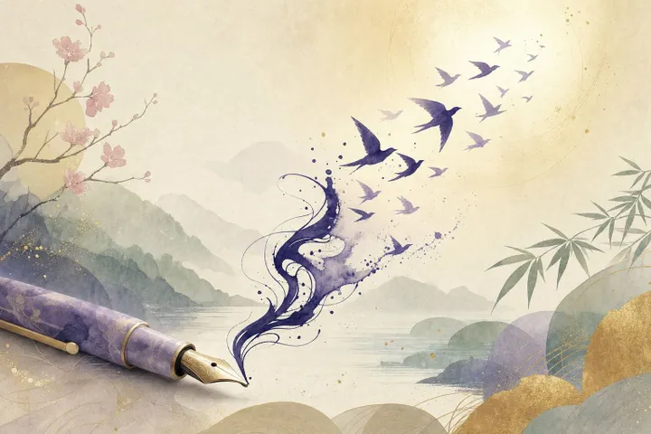Soft Japanese-watercolor editorial illustration symbolizing pennebaker writing protocol