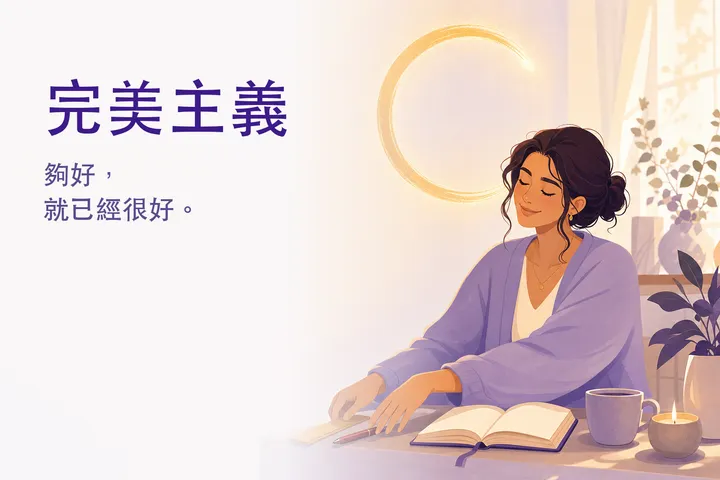 溫暖的插畫：放下尺與紅筆的人，身旁一個接近完成、缺口透著金光的圓 — 放下完美主義