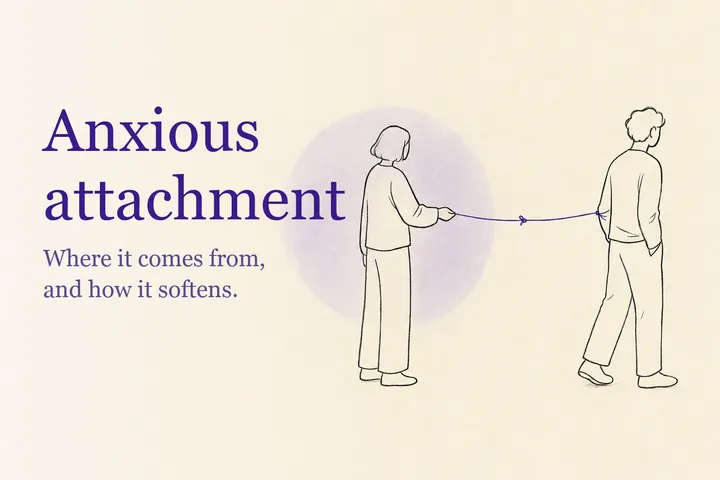 Ink-line illustration: two figures a short distance apart joined by a single taut thread with a knot in the middle. Anxious attachment style.
