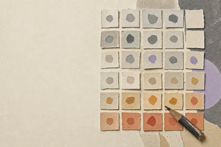 Cut-paper grid of small squares shifting from grey to warm colours, like a month of tracked moods