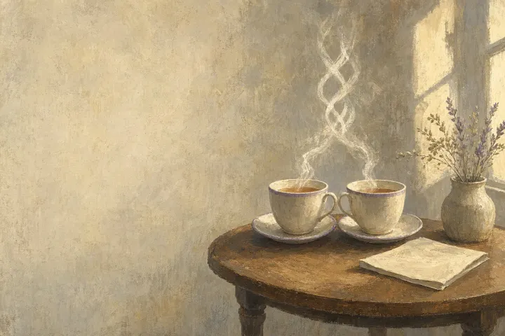 Two cups of tea side by side on a small wooden table, steam rising and intertwining