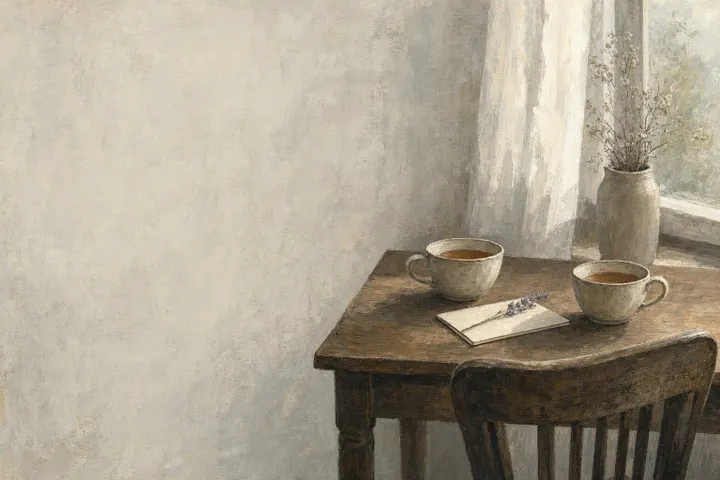 Two cups of tea on a wooden table with a folded note and a sprig of lavender, painted in soft morning light