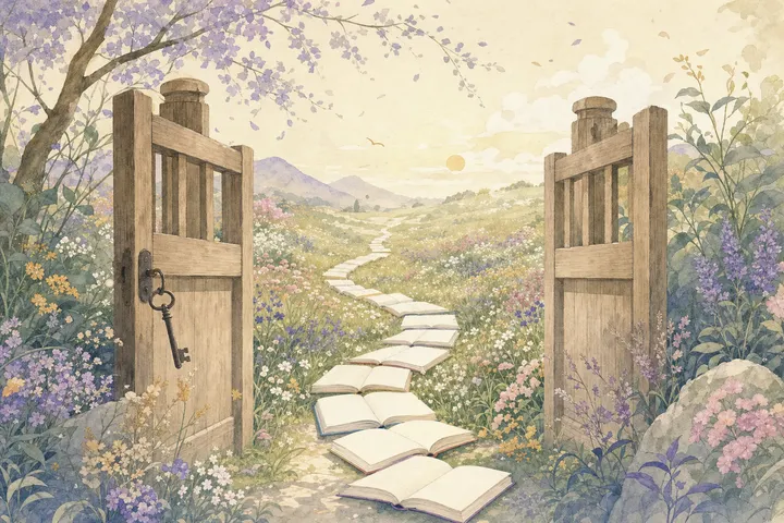 An open garden gate with the key left in the lock, and a path of open notebooks leading into a flower meadow