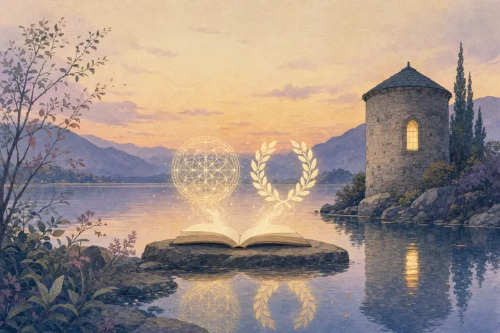 An open journal on a lakeside stone with a glowing mandala and a Stoic laurel wreath rising from it, a stone tower with a lit window behind