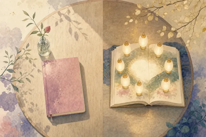 A table split in two: a rosebud and a closed pink notebook on one side, an open journal ringed by small glowing lanterns on the other