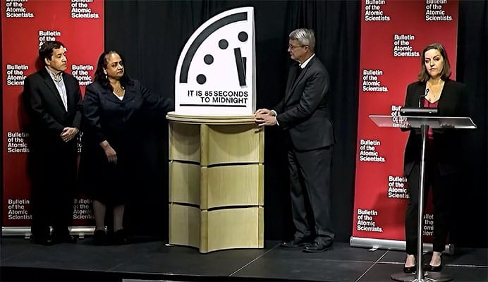 the unveiling of this year's move of the Doomsday Clock to 85 seconds to midnight