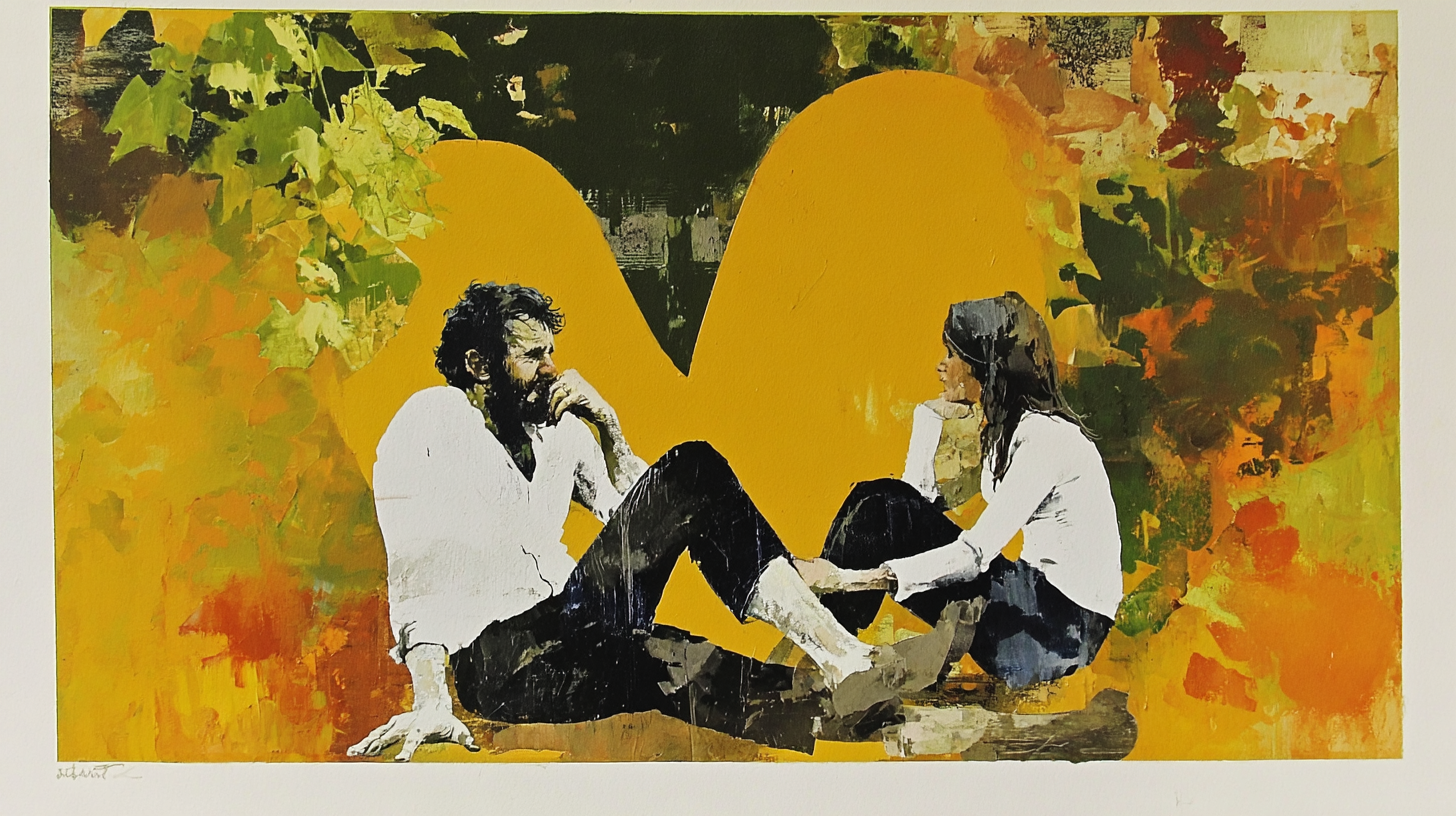 Two people talking inside of a giant heart (Midjourney)