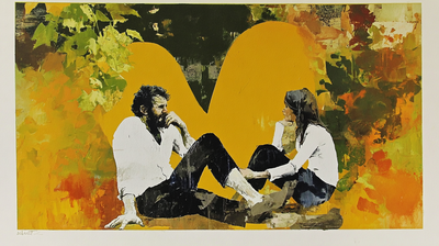 Two people talking inside of a giant heart (Midjourney)