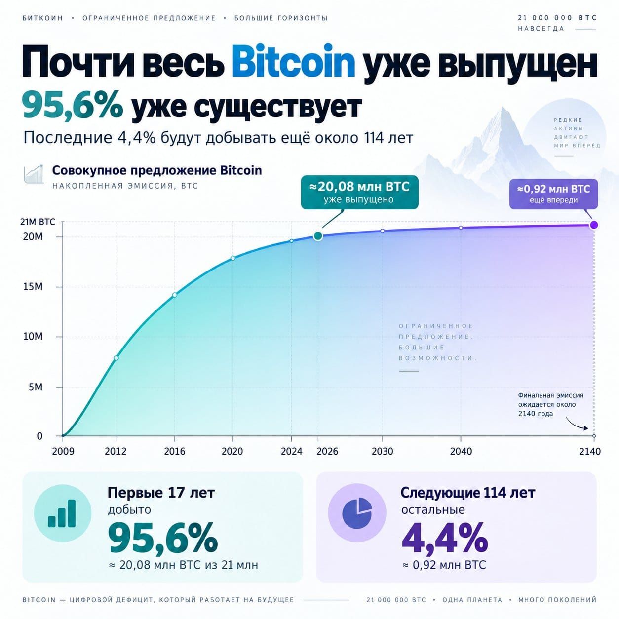 95,6% всех биткоинов уже выпущено. Последние 4,4% растянутся ещё примерно на 114 лет