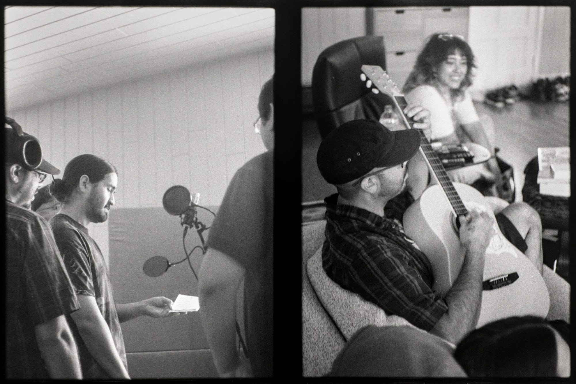A diptych from a roll of black and white half frame film.  On the left side, the band gathers around a microphone in the glowing sunlight to sing some gang vocals.  On the right side, Shua plucks an acoustic guitar while his partner, Evie, grins in the background.