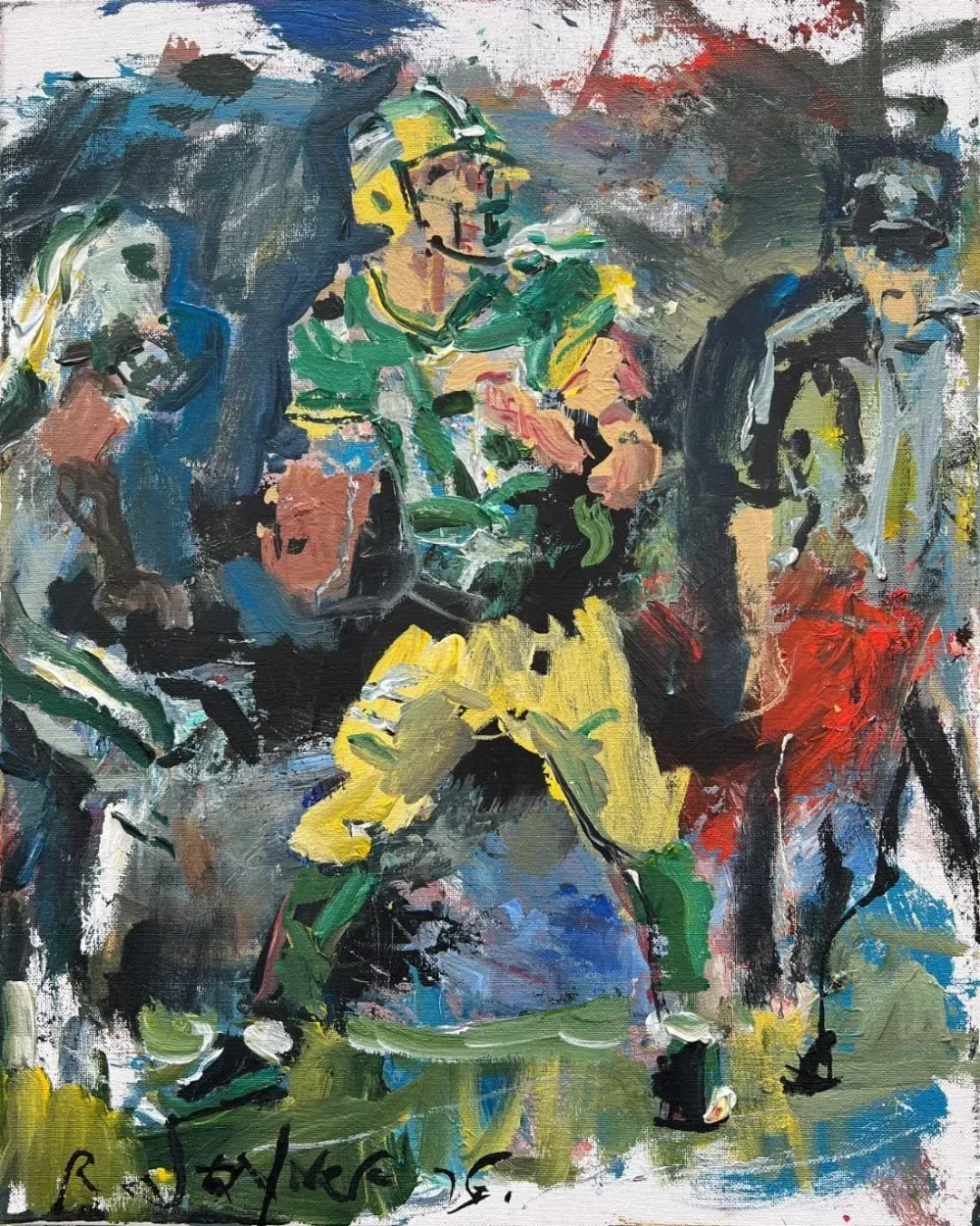 Aaron Rodgers Green Bay Packers quarterback original painting, expressive acrylic sports artwork by Robert Joyner