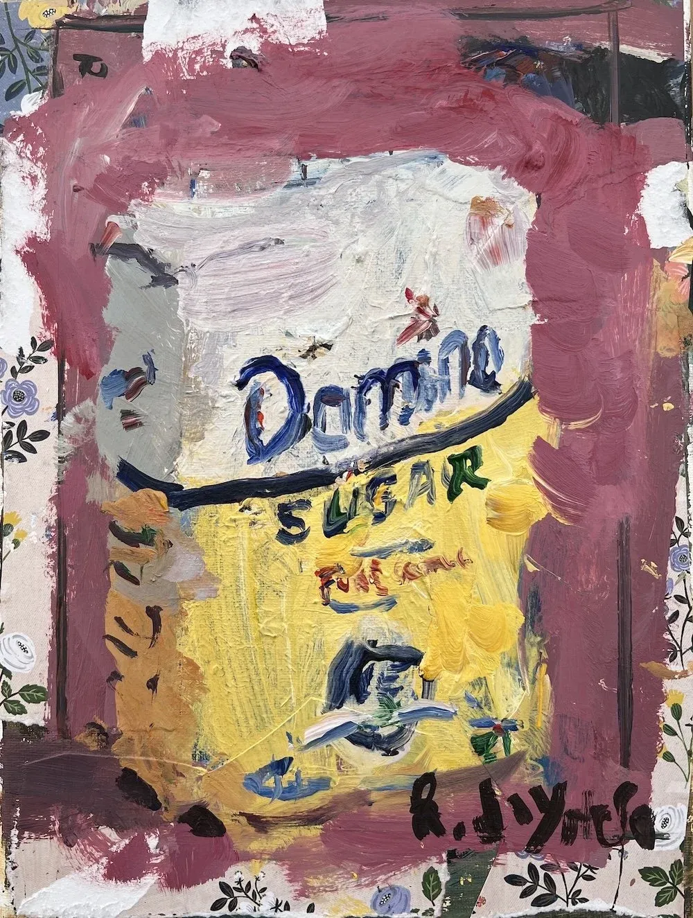 Original acrylic painting of colorful candy, pop art style depicts bag of sugar