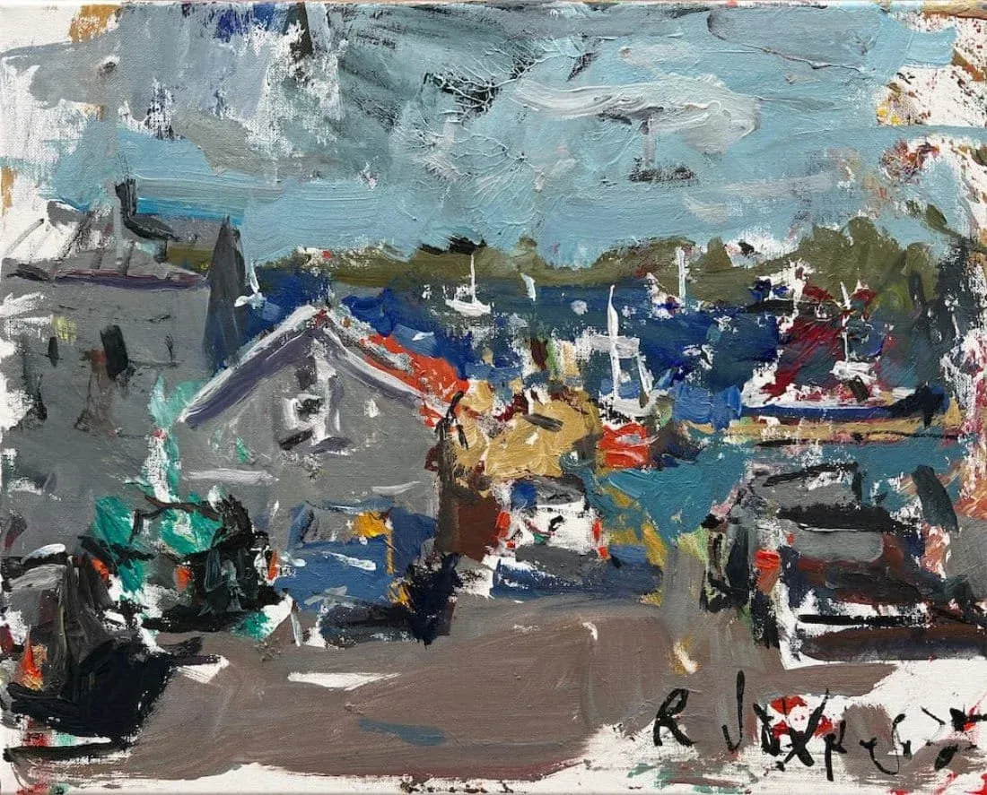 Expressive harbor painting featuring weathered fish houses and work trucks