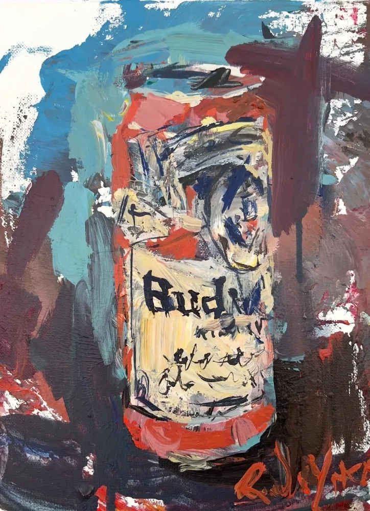 Budweiser beer can pop art painting with blue abstract background, hand-painted food art on canvas