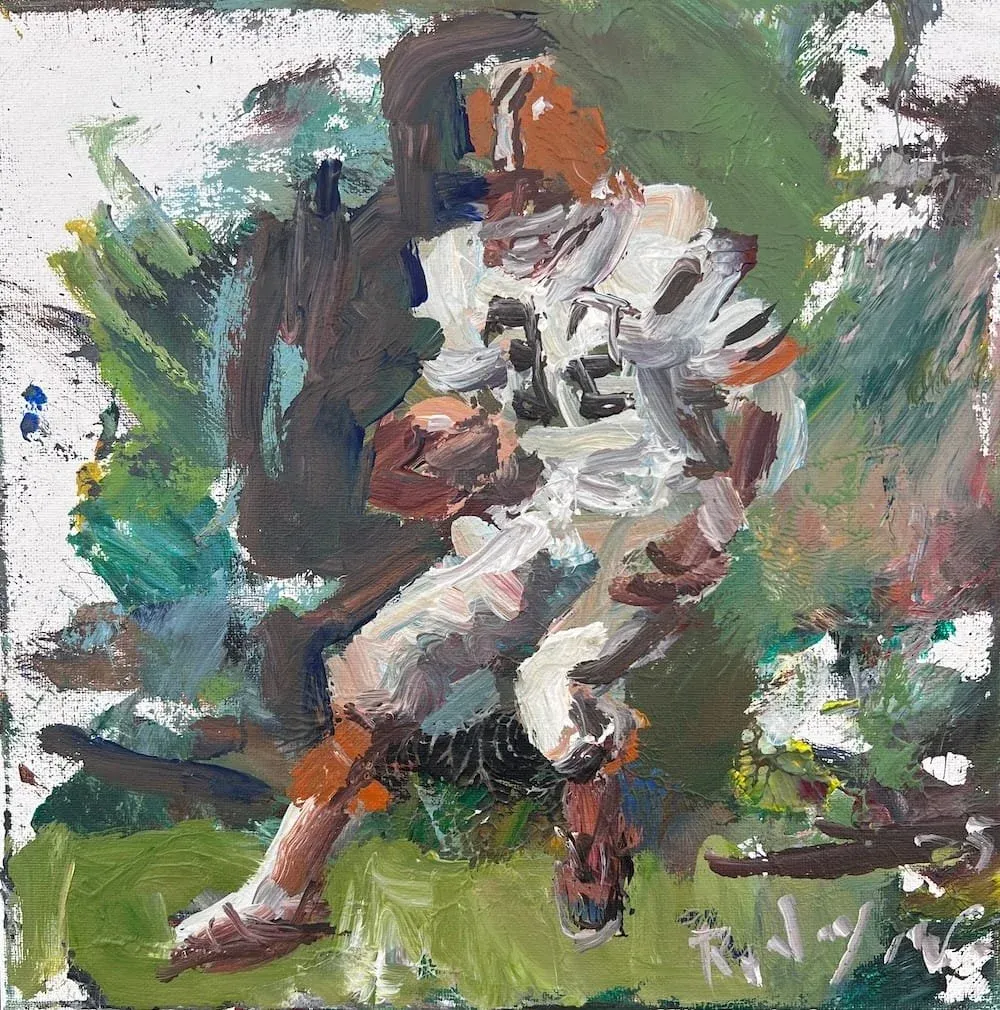 Expressive football painting of Browns legend Jim Brown, capturing explosive running style with expressive marks and bold color.