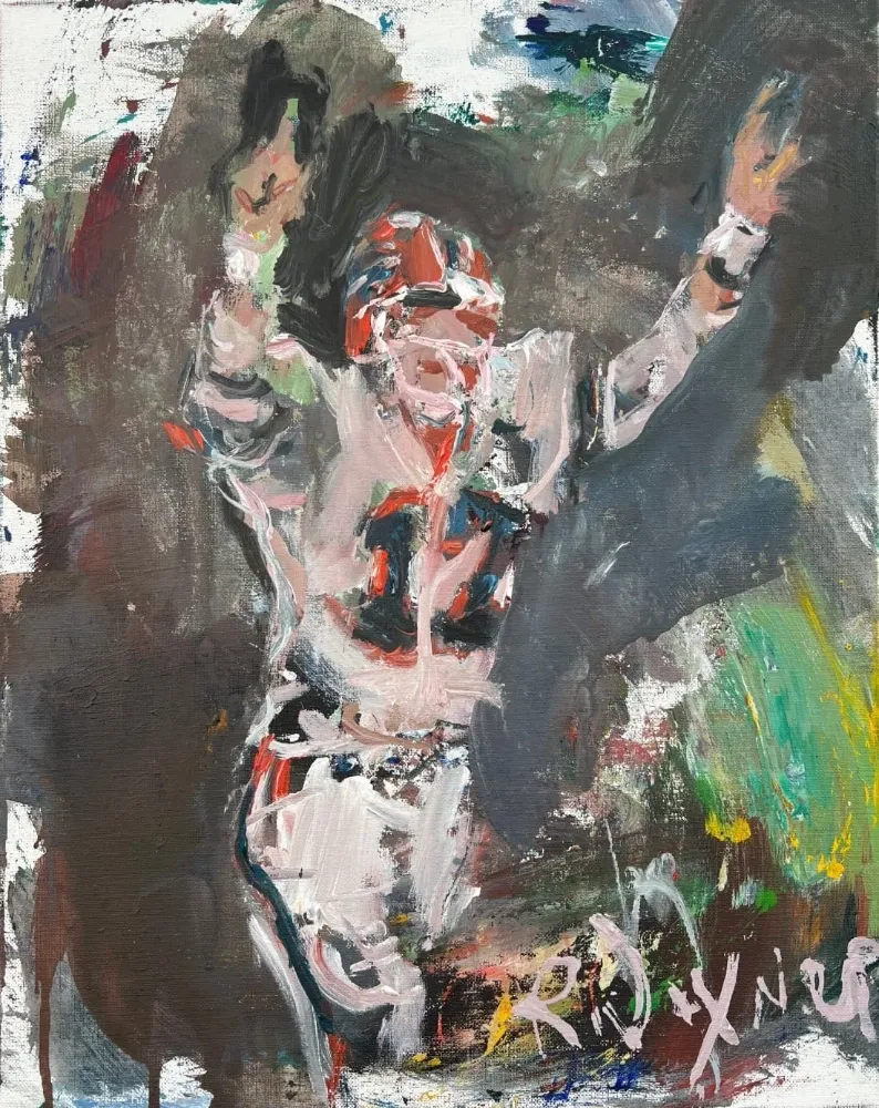 Jim Kelly Buffalo Bills quarterback touchdown celebration original painting, acrylic sports art by Robert Joyner
