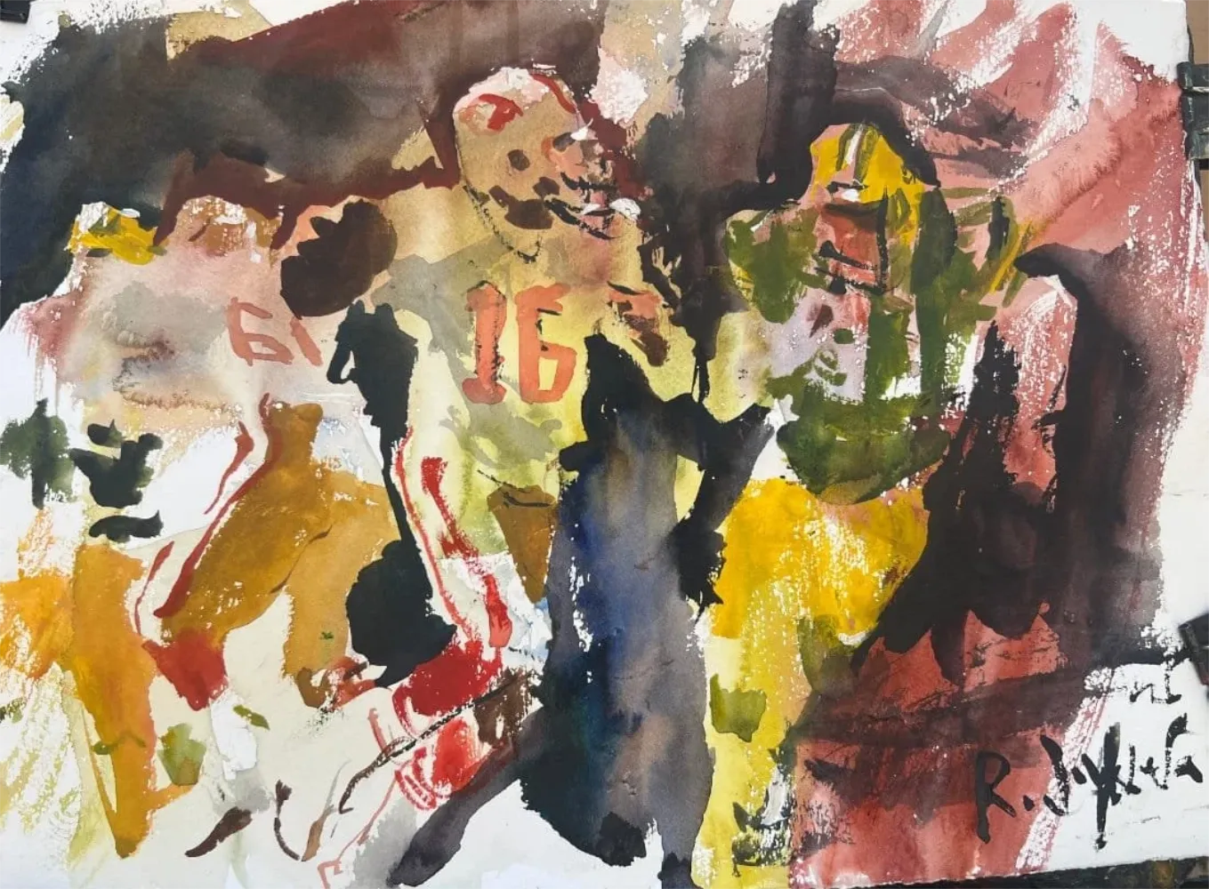 Joe Montana number 16 San Francisco 49ers versus Packers original watercolor painting by Robert Joyner