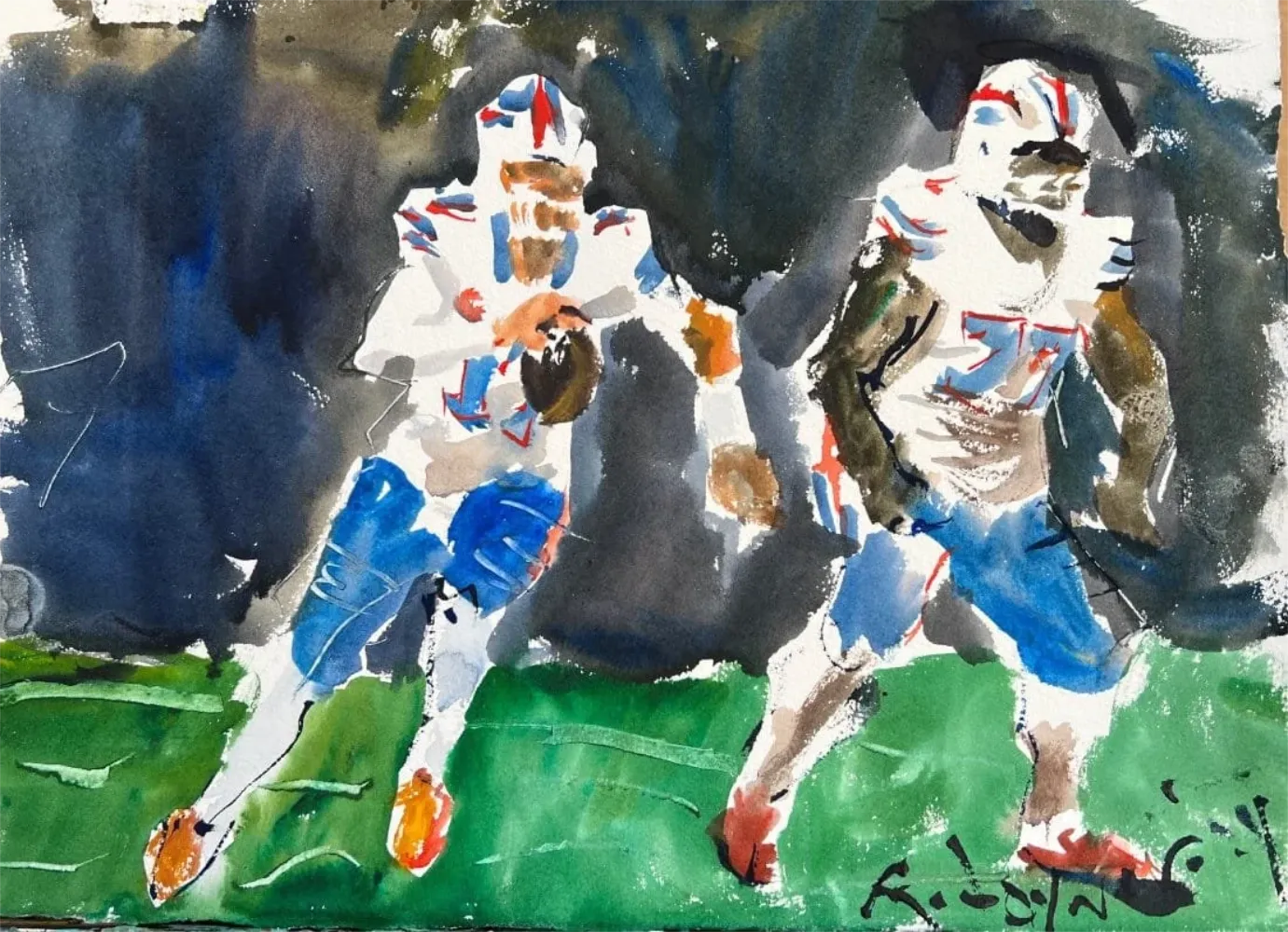 Josh Allen Buffalo Bills with offensive lineman blocking original watercolor painting by Robert Joyner